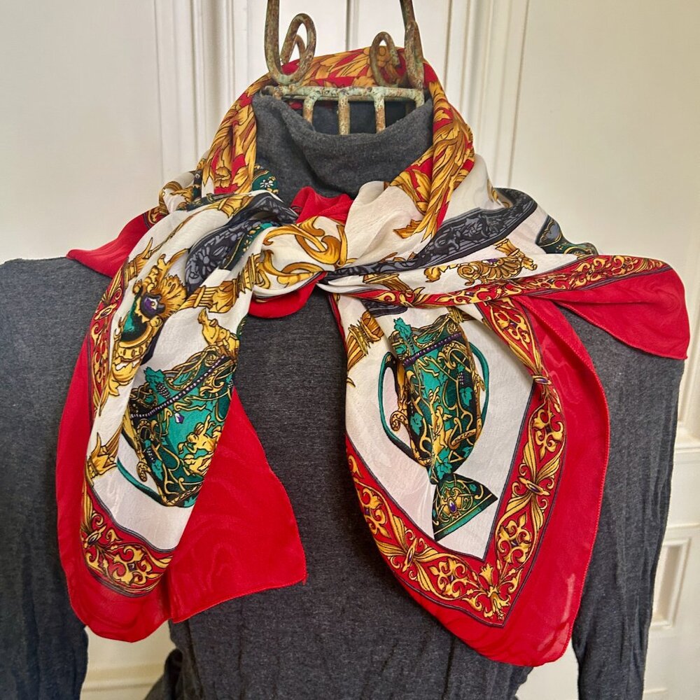 Colorful Florentine Design Scarf Grecian Urn Vases Gold Red Green 34" x 34"